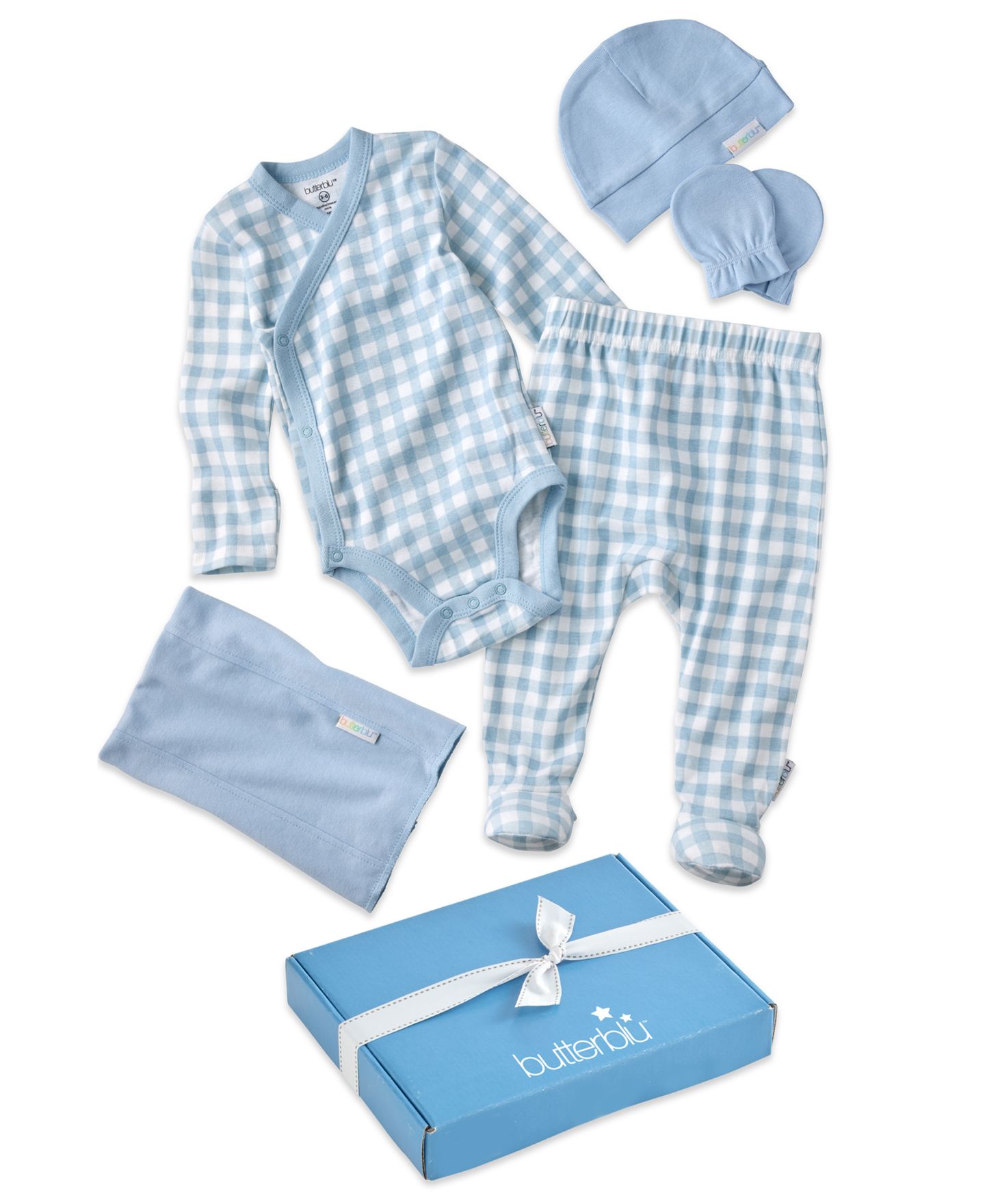 Комплекты butterblu Check Me Out Baby Layette Gift, 6-Piece Set для малышей, цвет: Синий клетчатый — фото 1