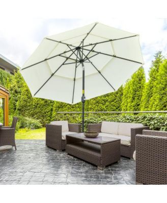 9FT 3 Tiers Patio Umbrella Outdoor Market Umbrella with Crank Push Button Tilt for Deck Backyard Beige
