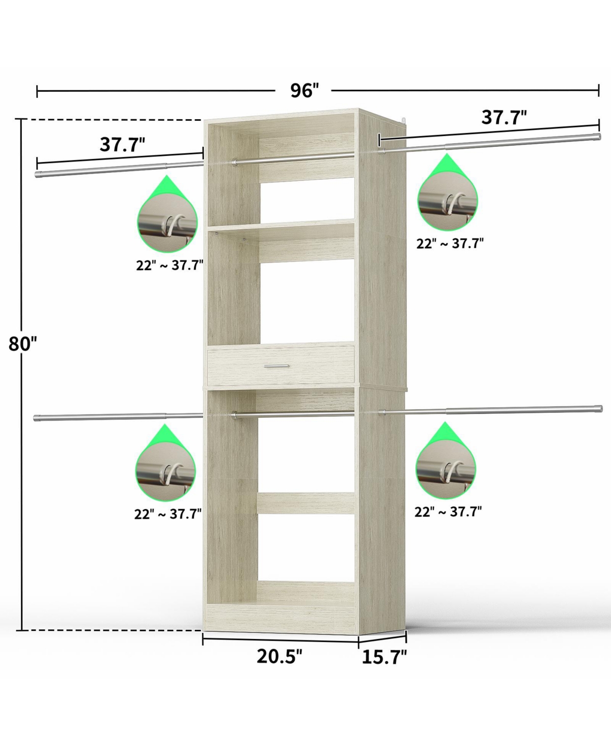 Aheaplus 20.5'' - 96'' Adjustable Closet Hanging Organizer, System with 6 Extendable Rods and A Drawer