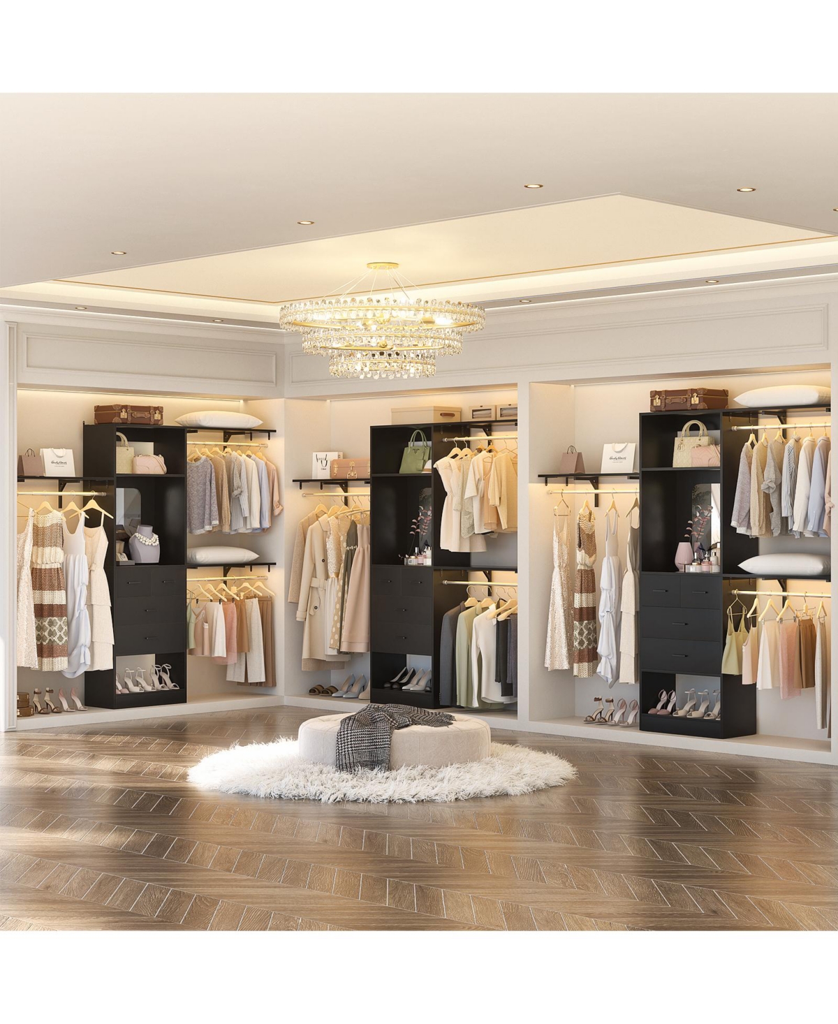 Aheaplus 96'' Closet Organizer System with 4 Drawers & Mirror, Heavy Duty Closet System with 3 Shelving Towers & Hanging Rods