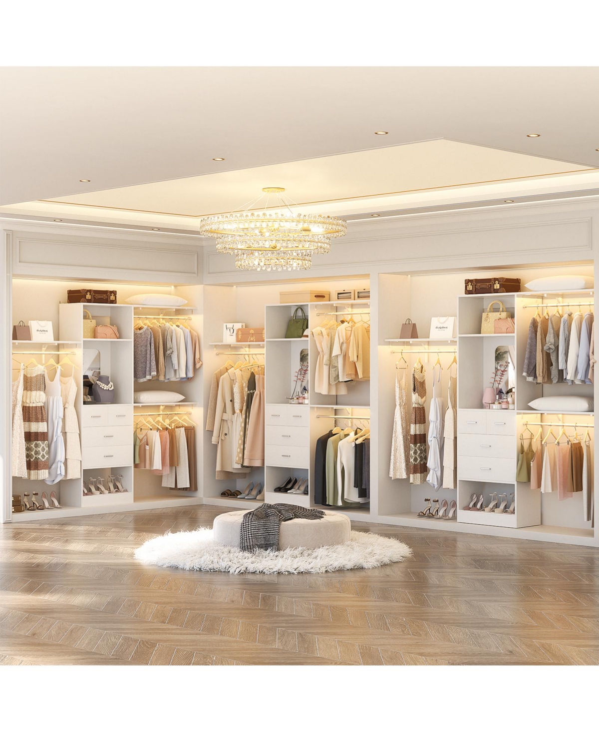 Aheaplus 96'' Closet Organizer System with 4 Drawers & Mirror, Heavy Duty Closet System with 3 Shelving Towers & Hanging Rods