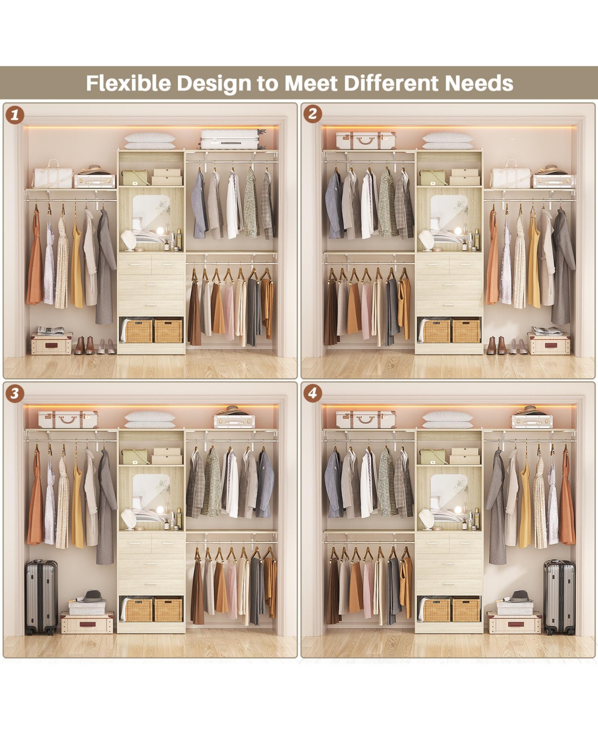 Aheaplus 96'' Closet Organizer System with 4 Drawers & Mirror, Heavy Duty 3 Shelving Towers Hanging Rods
