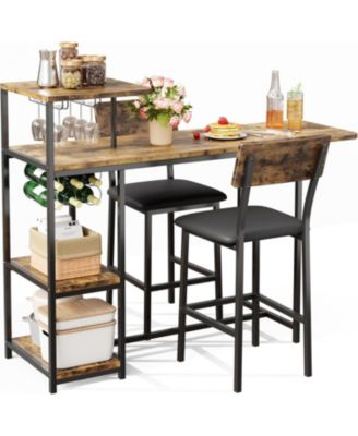 Dining Table Set for 2, 3-Piece Expandable Table and Chairs Set, with Storage Shelves and Wine Rack Small Kitchen Dining Set for Living Room
