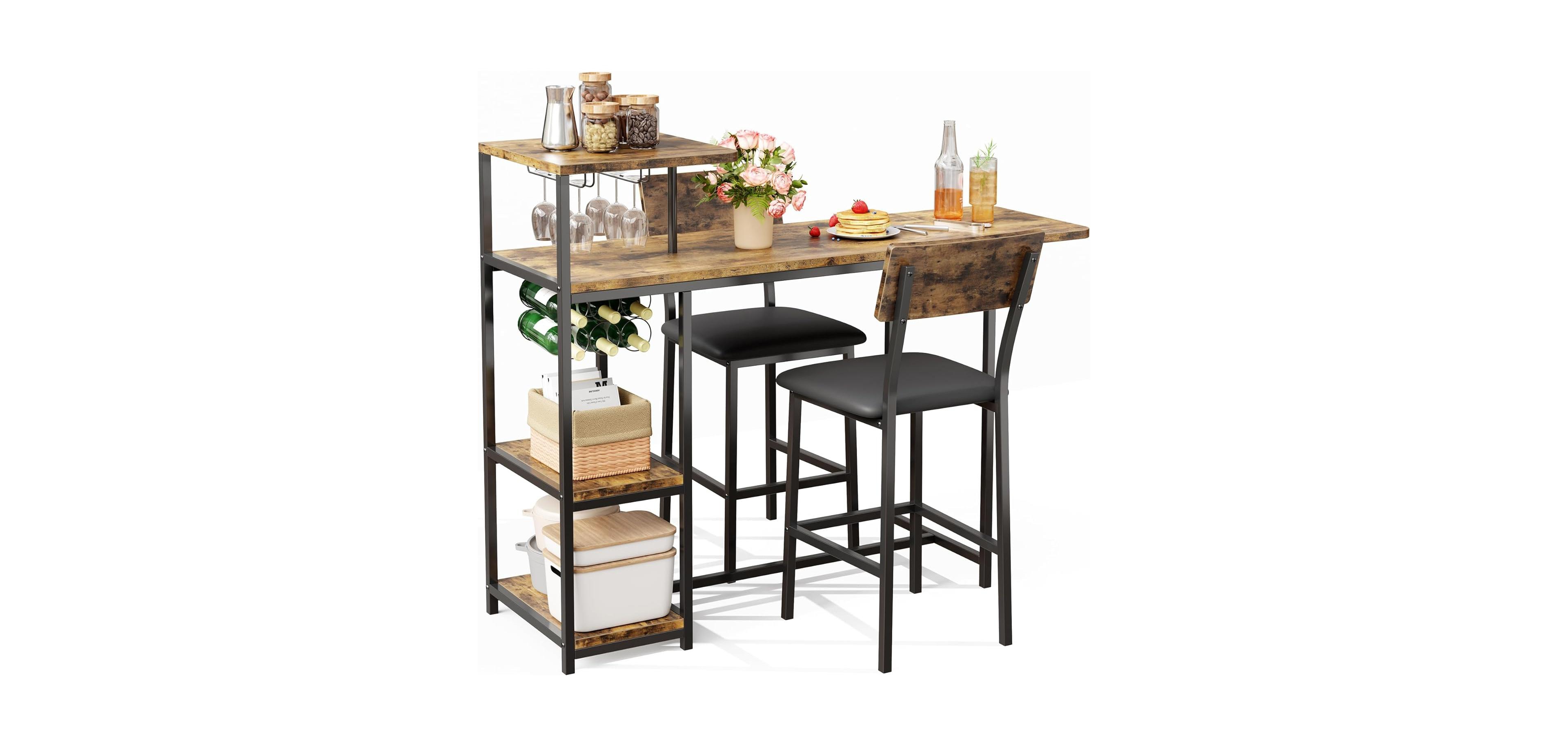 gaomon Dining Table Set for 2, 3-Piece Expandable Table and Chairs Set, with Storage Shelves and Wine Rack Small Kitchen Dining Set for Living Room