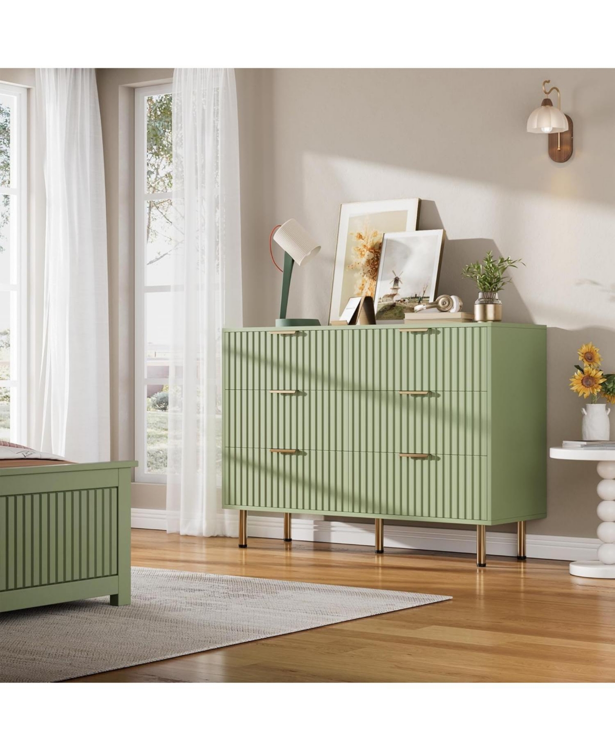 gaomon 6-Drawer Modern Fluted Green Dresser, 47.2 Inch Wide Chest, Deep Drawers, Tv Stand, Organizer for Bedroom, Living Room, Kids Room