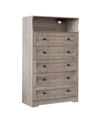 5 Drawer Wooden Dressers for Bedroom with LED Lights & Charging Station