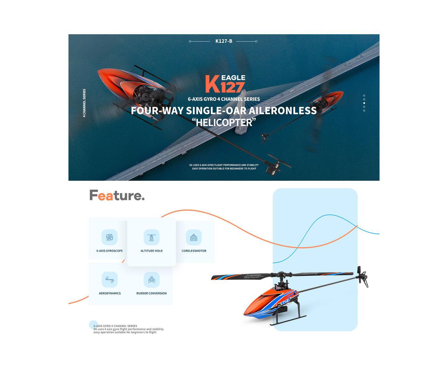 Детская игрушка Bruce & Shark K127 4-Channel Auto-Hover 6-Axis Gyro RC Helicopter, цвет: Оранжевый — фото 3
