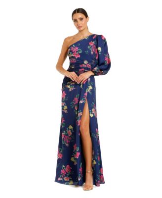 Women's Floral One-Sleeve Charmeuse Gown with Slit