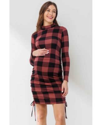 Maternity Bodycon Plaid Side Ruched Long Sleeve Dress