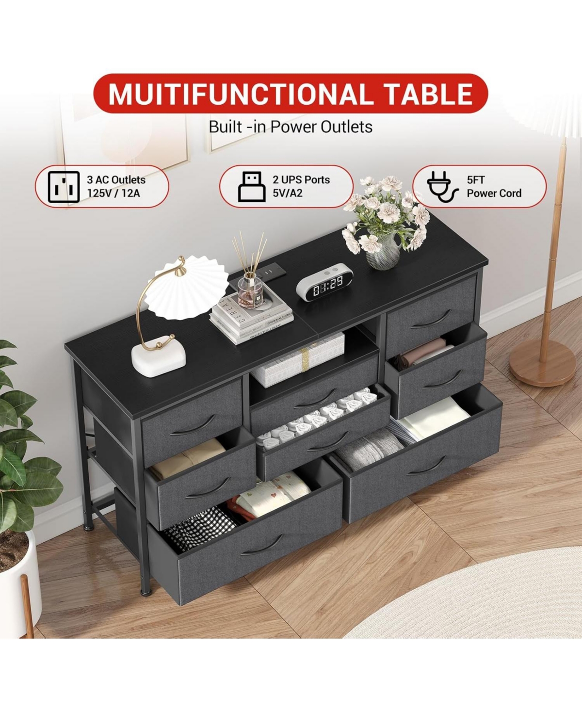gaomon 8-Drawer Dresser Tv Stand with Led Lights and Charging Station