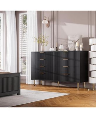 8-Drawer Modern Fluted Black Dresser, 55 Inch Wide Chest, Deep Drawers, Wooden Organizer for Bedroom, Living Room, Kids Room