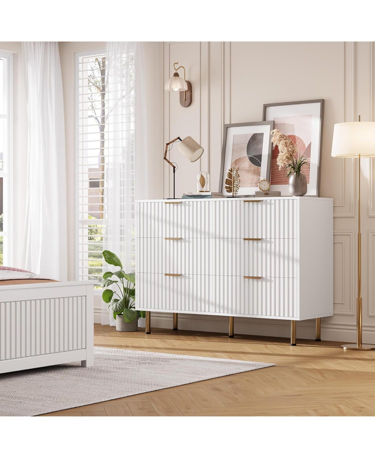 gaomon 6-Drawer Modern Fluted White Dresser, 47.2 Inch Wide Chest, Deep Drawers, Tv Stand, Organizer for Bedroom, Living Room, Kids Room