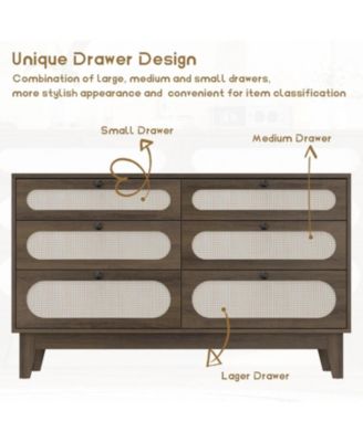 52.1 Inch 6 Drawer Rattan Wood Dresser with Charging Station, Different Capacity Drawers, Bedroom, Dark Brown
