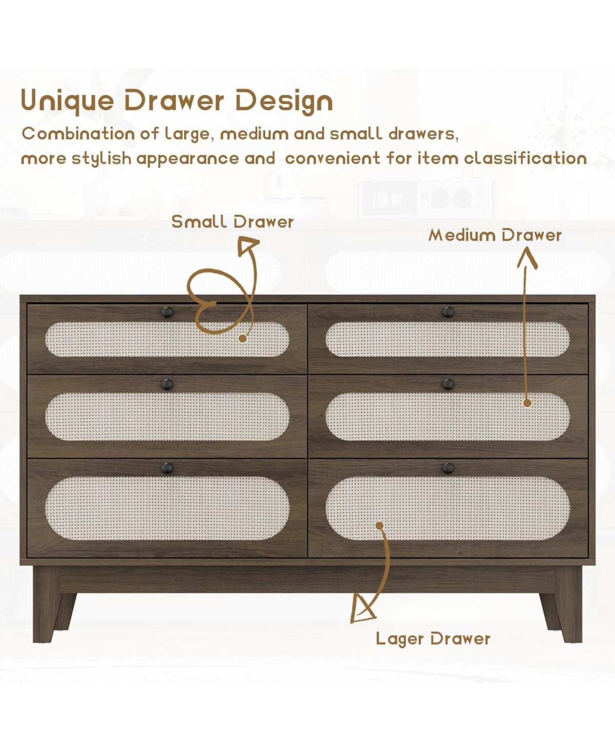 gaomon 52.1 Inch 6 Drawer Rattan Wood Dresser with Charging Station, Different Capacity Drawers, Bedroom, Dark Brown
