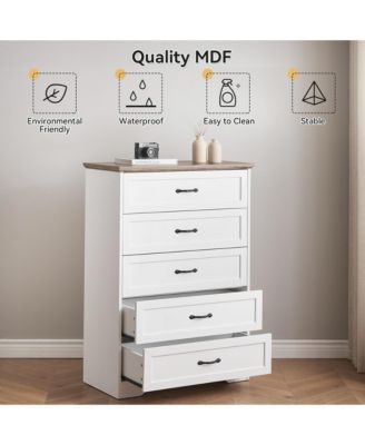 5 Drawer White and Brown Modern Dresser, Chest of Drawers Organizers, Closet Storage Cabinet for Bedroom