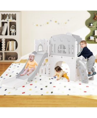 Indoor Toddler Slide Playset with Climber Tunnel Basketball Hoop and Activity Center