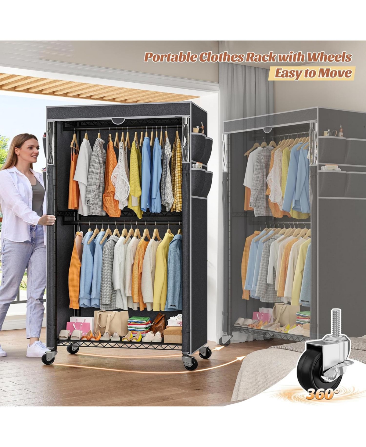 Raybee Rolling Clothes Rack with Cover Clothing Racks for Hanging Clothes Heavy Duty Portable Closet with Wheels Garment Rack