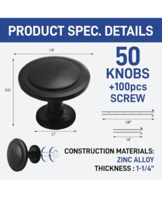50pcs 1-1/4″ Matte Black Cabinet Knobs, Rust-Proof Zinc Alloy Drawer Pulls with Short & Adjustable Screws for Kitchen Cabinets.
