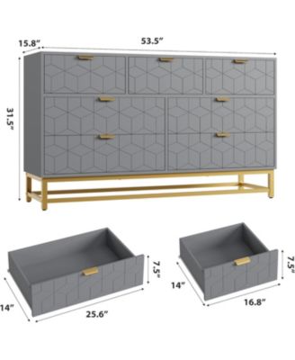 53.5 Inch Grey 7-Drawer Modern Dresser, Gold Metal Handle & Legs, Chest Storage Organizer for Closet, Entryway