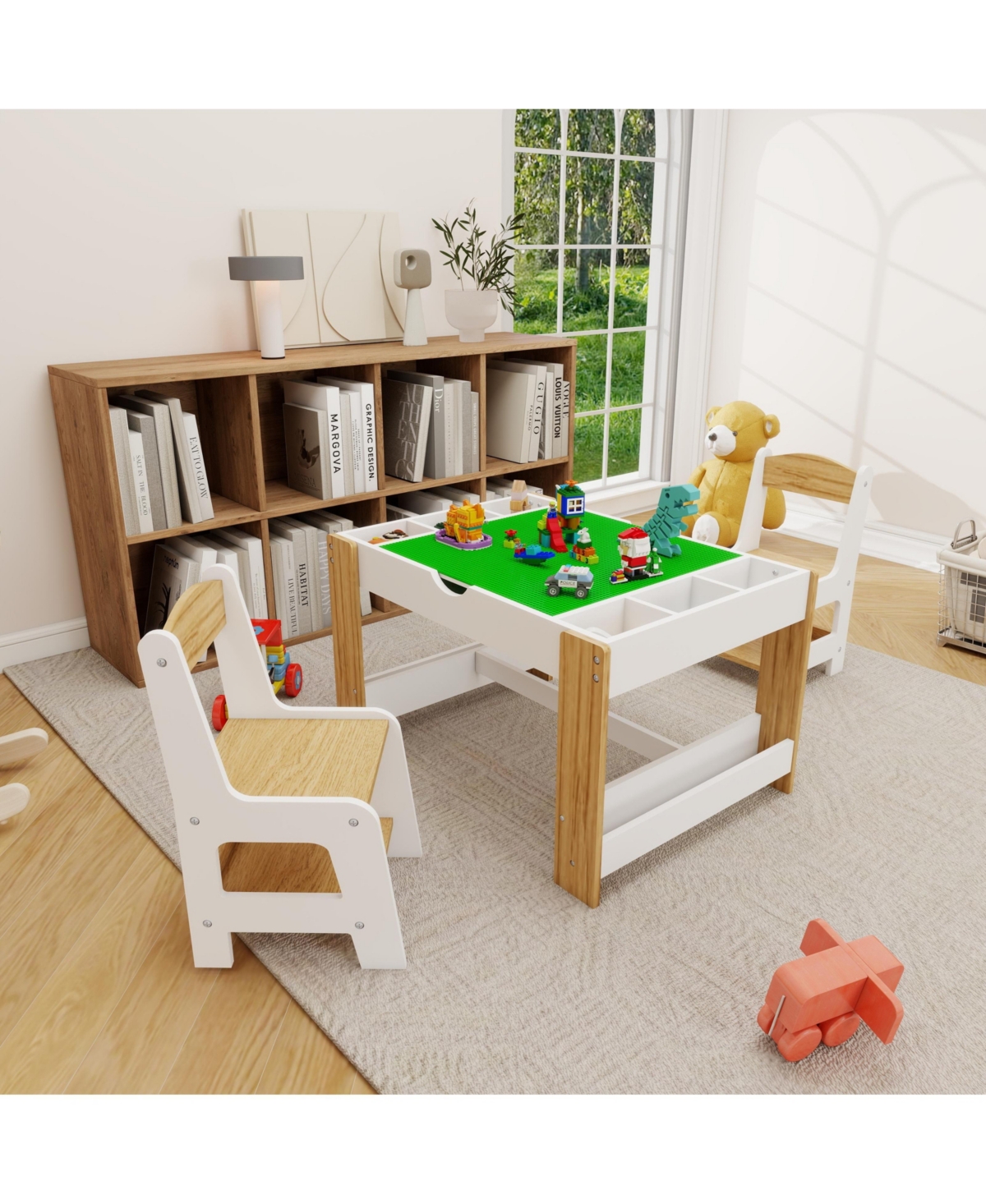 Flynama Kids 2 in 1 Play Table with 7 Storage Compartments 2 Chairs Lego Compatible Building Surface Whiteboard Modern Activity Learning Furniture