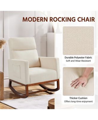 Fabric Upholstered High Back Rocking Chair with Solid Wood Legs, Side Pockets