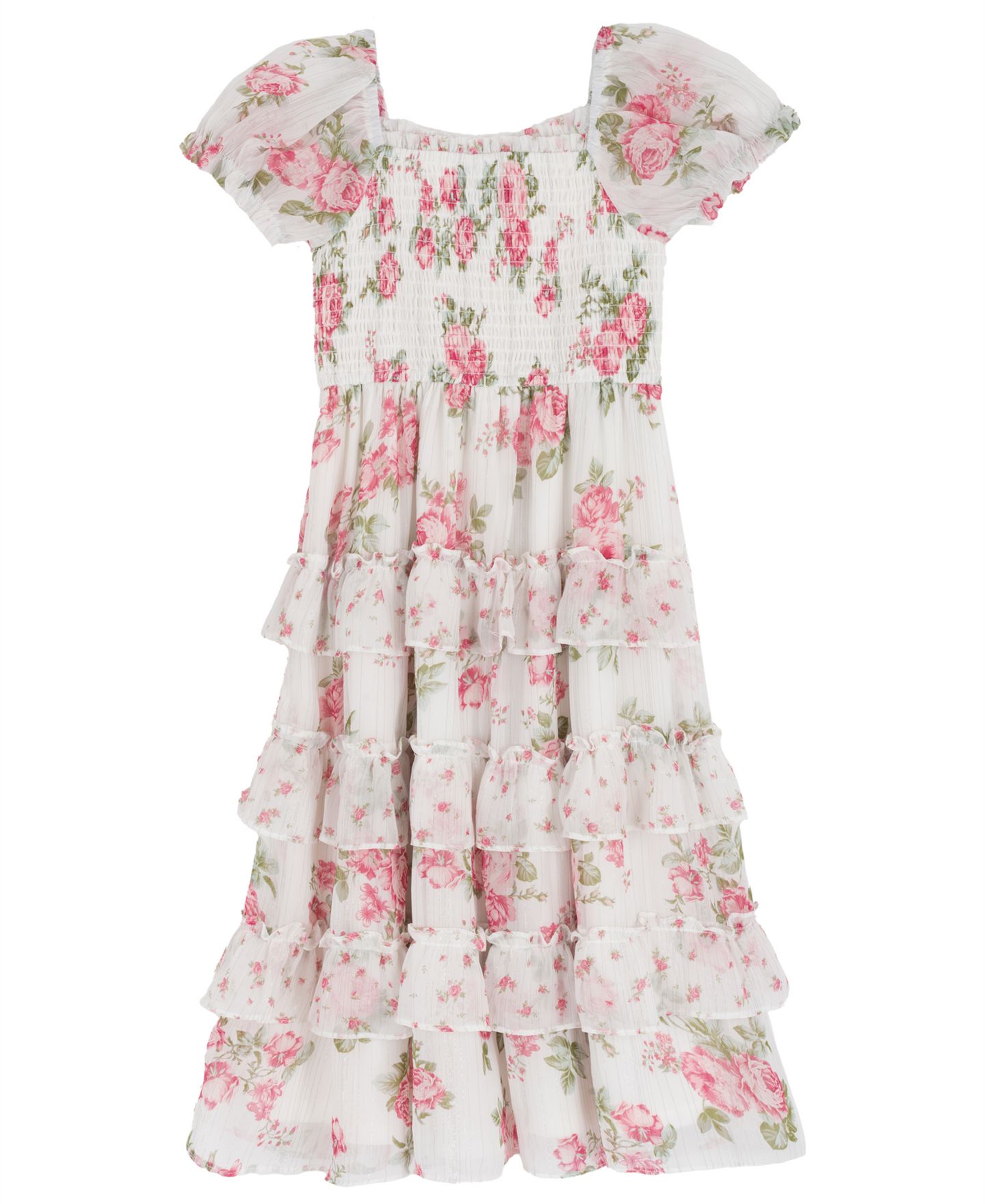 Платье Rare Editions Twin Print Floral Chiffon Smocked Puff Sleeve Dress для девочек, цвет: Розовый — фото 6