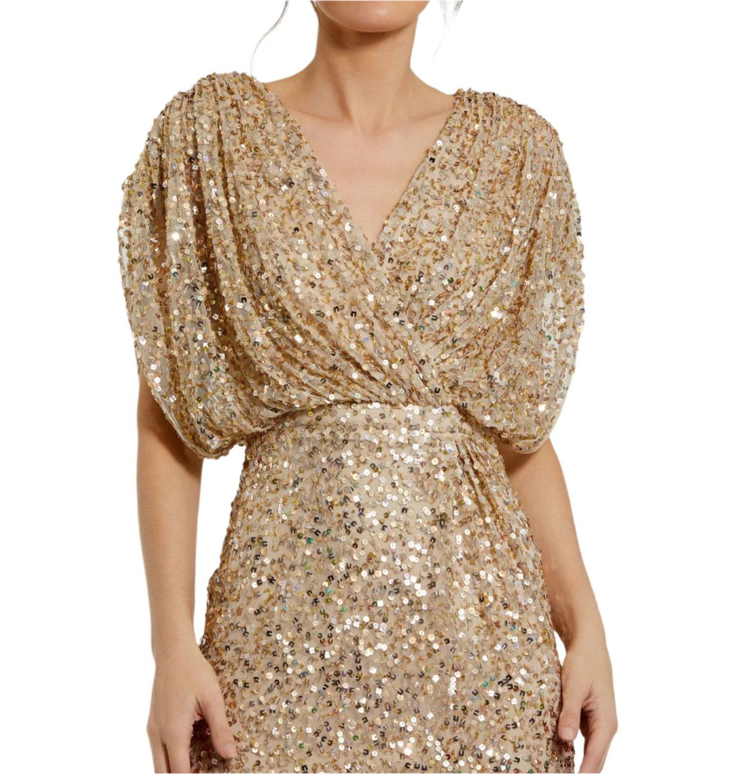 Женские платья Mac Duggal Draped Sleeve V Neck Gown, цвет: Телесный золотой — фото 3