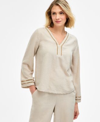 Women's Ladder-Trim Crinkle Gauze V-Neck Top