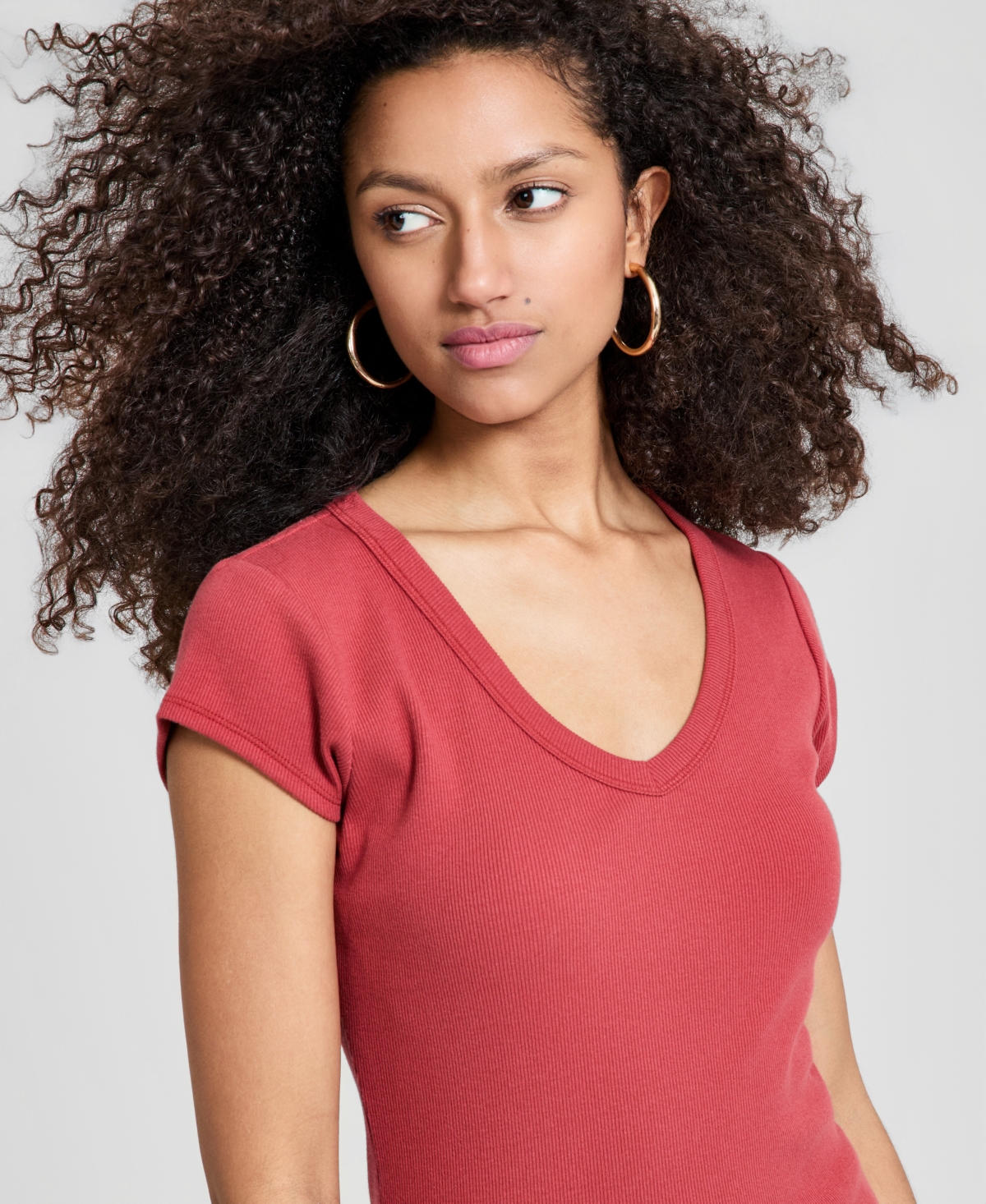 And Now This Women's V-Neck Rib-Knit Short-Sleeve T-Shirt, Macy's Exclusive