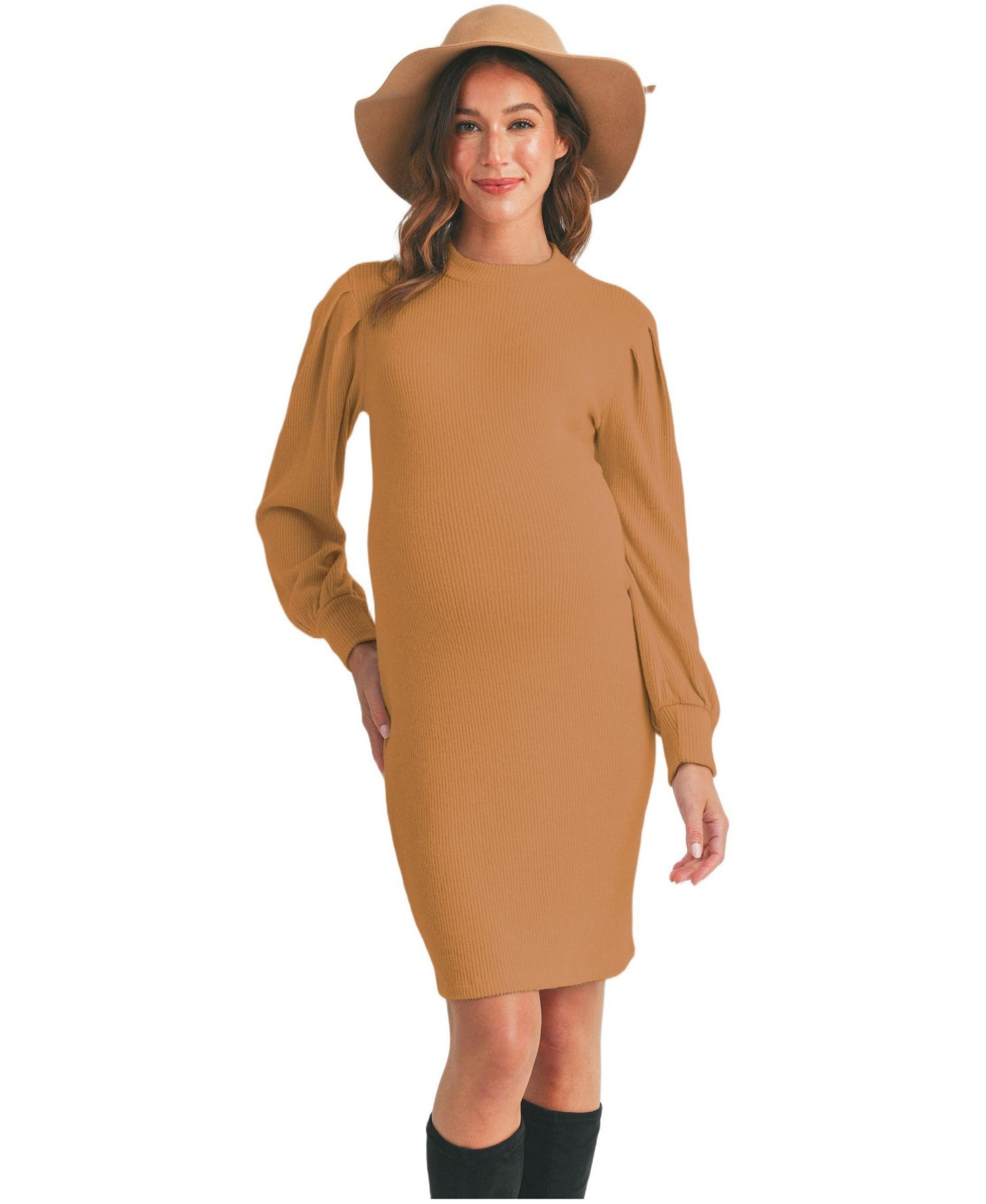 Women's Ribbed Mock Neck Puff Long Sleeve Dress