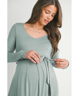 Maternity V Neck Long Sleeve Tie Waist Maxi Dress