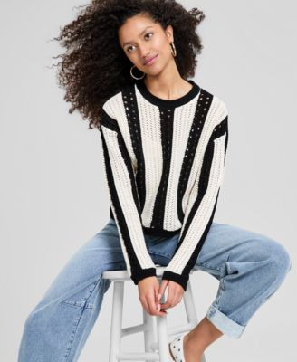 Women's Crewneck Stripe Crochet Sweater