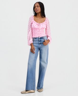 Juniors' Smocked Tie-Neck Top