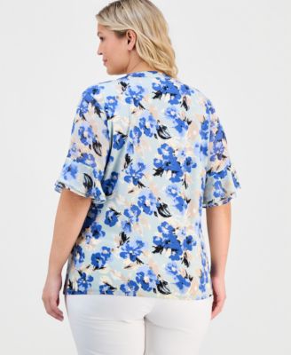 Plus Size Split-Neck Ruffle-Cuff Top