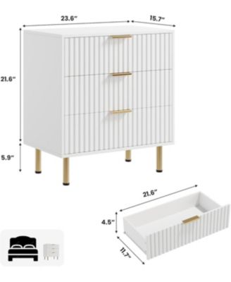 3-Drawer White Fluted Dresser, Modern Nightstand with Deep Drawers, Wide Top, Wooden Organizer for Bedroom, Living Room, Hallway