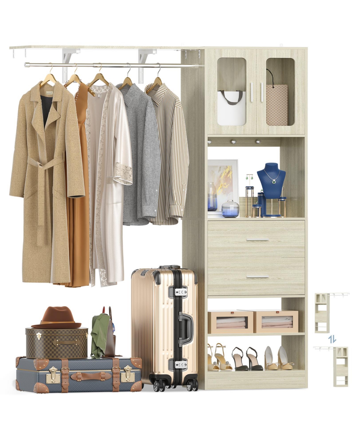 Aheaplus 5FT Closet Organizer with Drawers, Hanging Rod, Reversible Shelves, and Cabinet