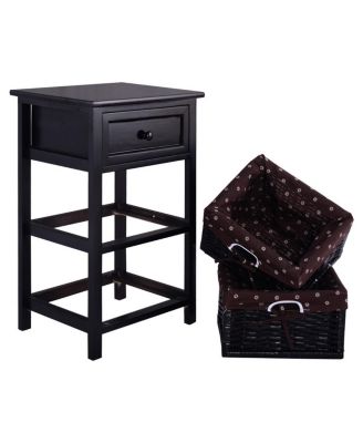 3 Tiers Wooden Storage Nightstand with 2 Baskets and 1 Drawer