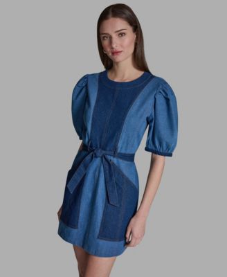 Women's Two-Tone Tie Waist Crew neck Dress