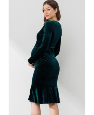 Maternity Velvet V Neck Long Sleeve Ruched Dress