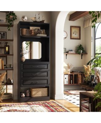 MDF, Metal, Glass Freestanding Closet System with 3 Drawers, 25'' Closet Drawer Organizer with Mirror and Storage Shelves