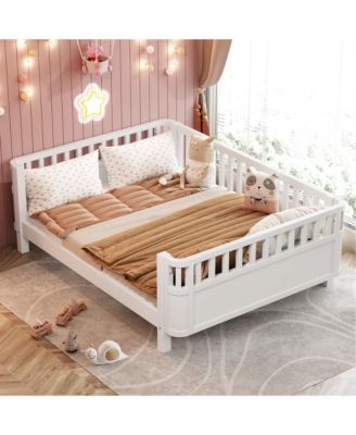 Full Size Wood Platform Bed for Kids with Low Profile and Safety Rails, White (Patented Design)