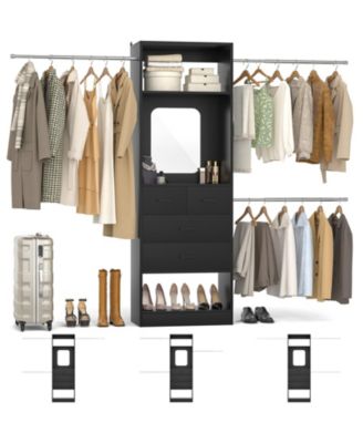 48 - 96 Inch Wide Adjustable Closet Organizer with 4 Drawers, 3 Hanging Rods, and a Mirror, Freestanding