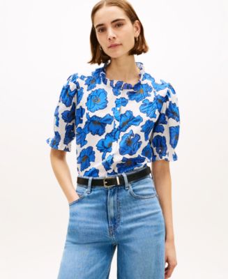 Tommy Hilfiger Women's Pin Tuck Cambric Short-Sleeve Blouse Top