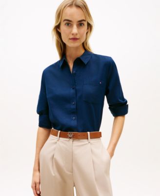Women's Linen Roll-Tab Sleeve Collared Shirt