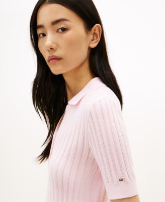 Women's Pointelle Rib Short-Sleeve Polo Sweater
