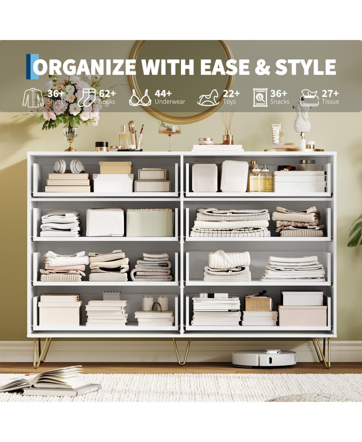 Fluted Dresser for Bedroom with 8 Drawers,55" Wide Modern Chest of Wooden Drawers