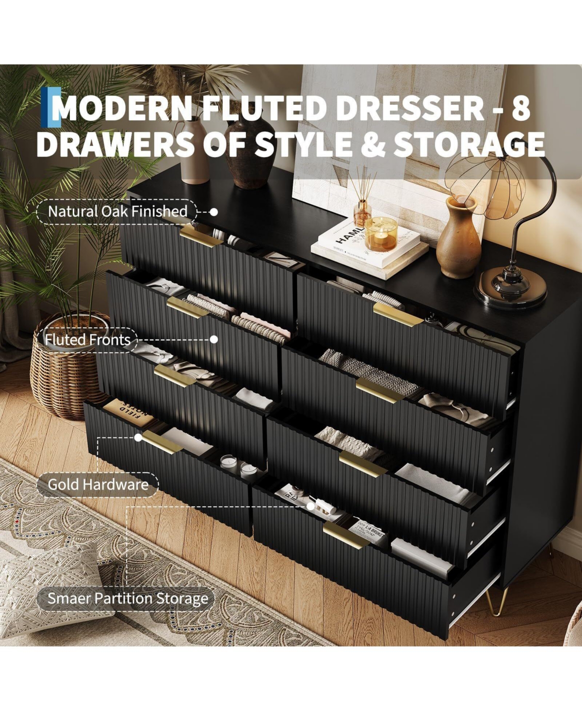 Fluted Dresser for Bedroom with 8 Drawers,55" Wide Modern Chest of Wooden Drawers