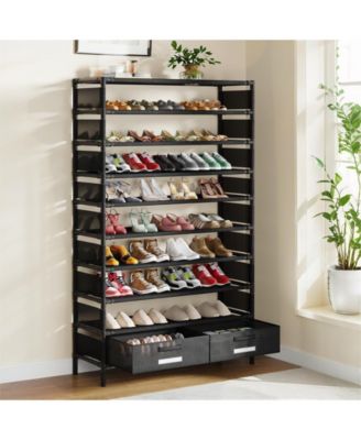 10-Layer High Shoe Rack with 2 Storage Drawers, Black