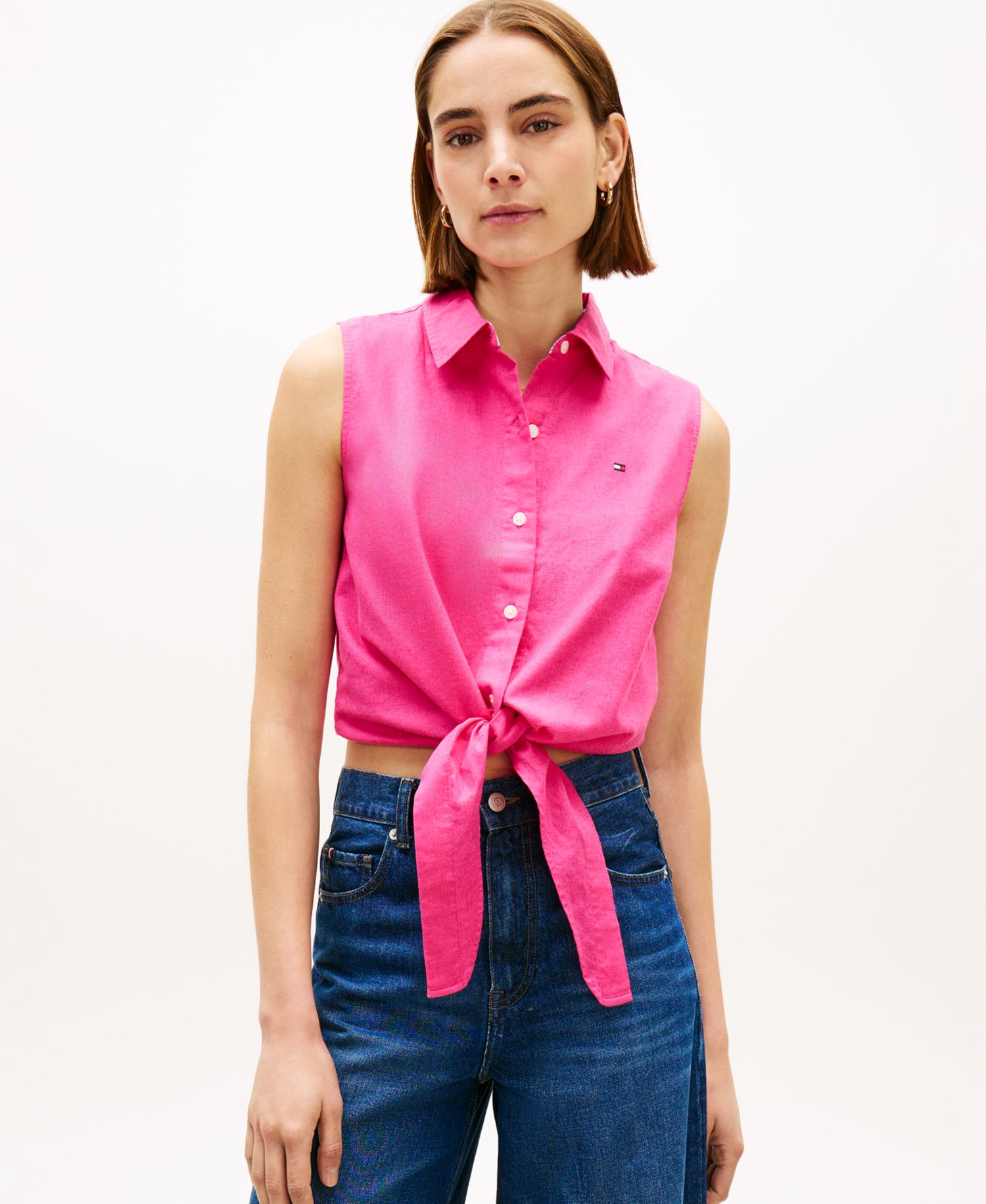 Women's Linen Knotted Collared Top