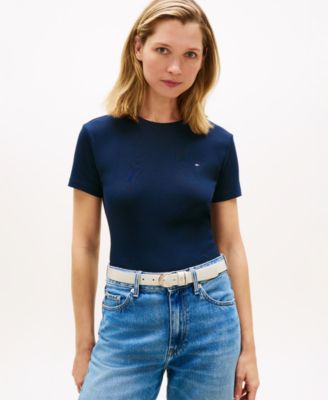 Women's Rib Crew Neck Short-Sleeve Slim T-Shirt